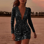 Women's Gold Sequin Cocktail Dress – Sheer Sparkle Evening Party Dress