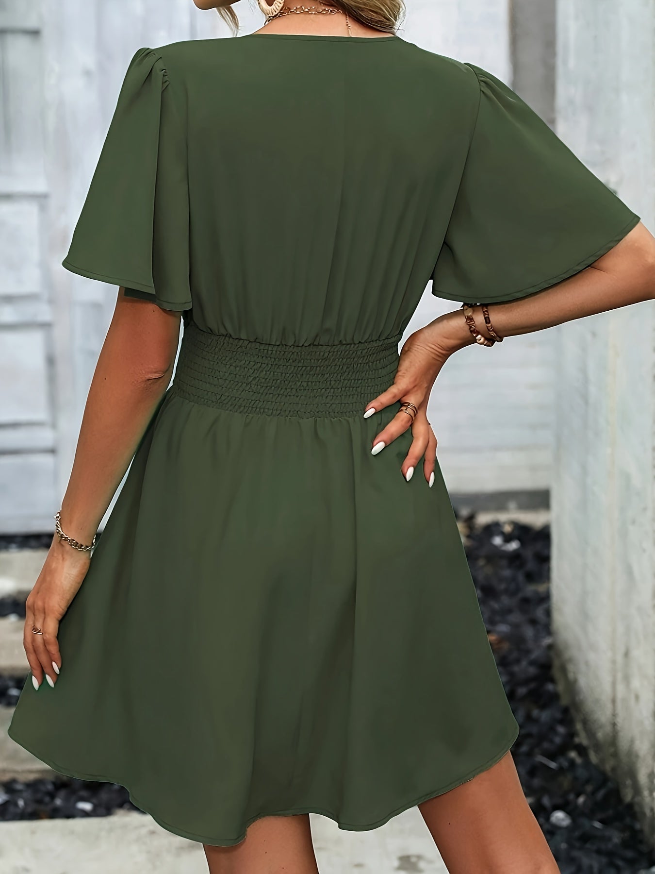 Women's V-Neck Midi Dress – Gathered Waist Dress – Winslet