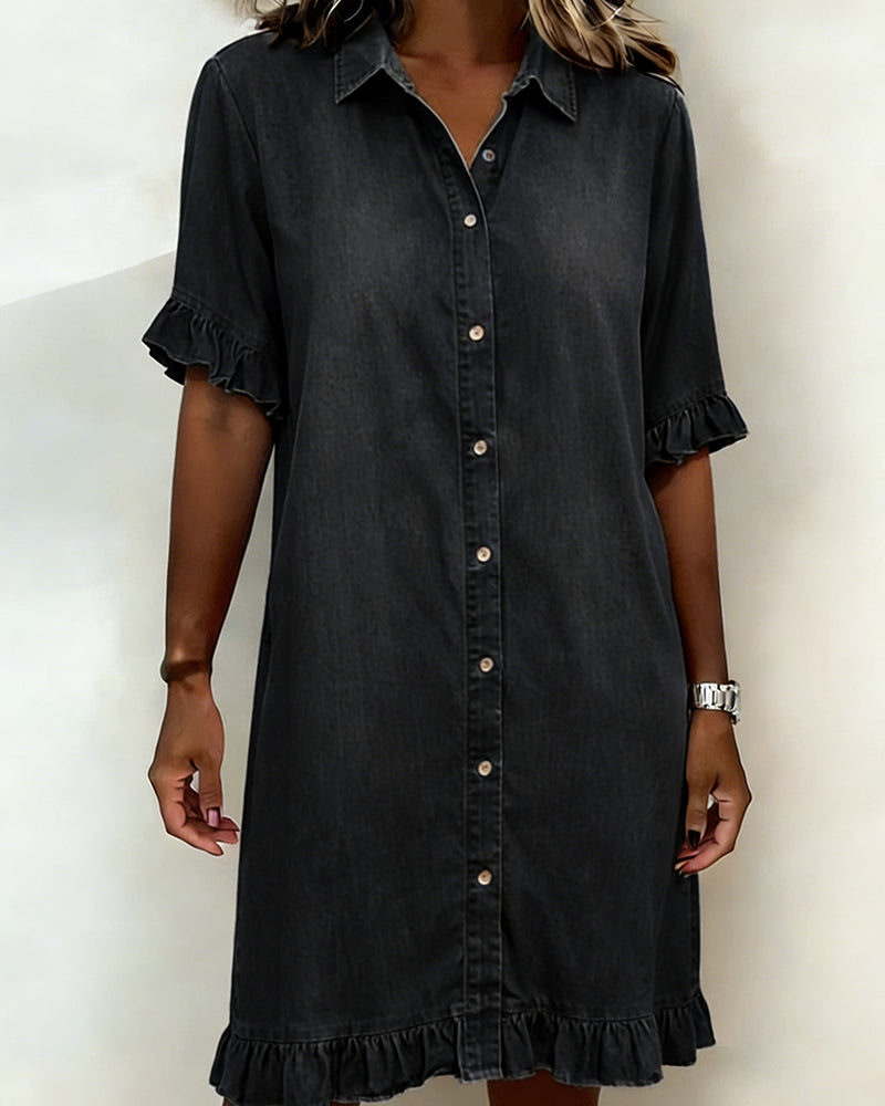 Women's Flounce Sleeve Shirt Dress – Button Front Knee-Length Dress