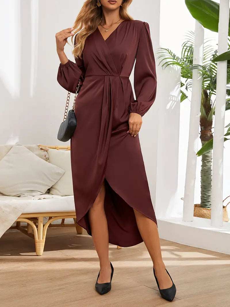 Women's Cocktail A-Line Midi Dress – V-Neck Balloon Sleeve Dress