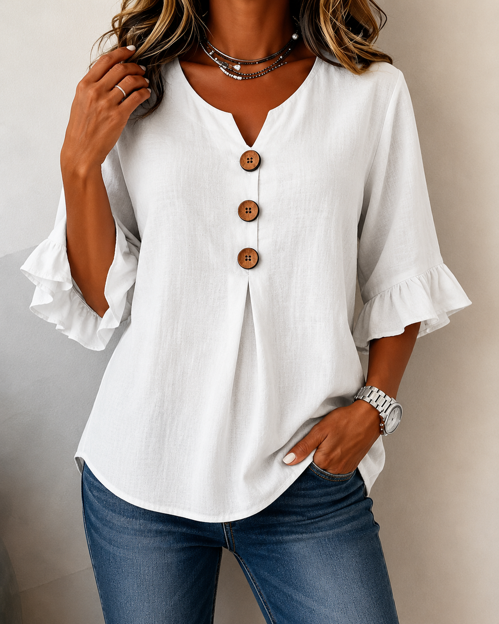 Women's Ruffle Front Blouse – Button Detail Flowy Long Sleeve Blouse