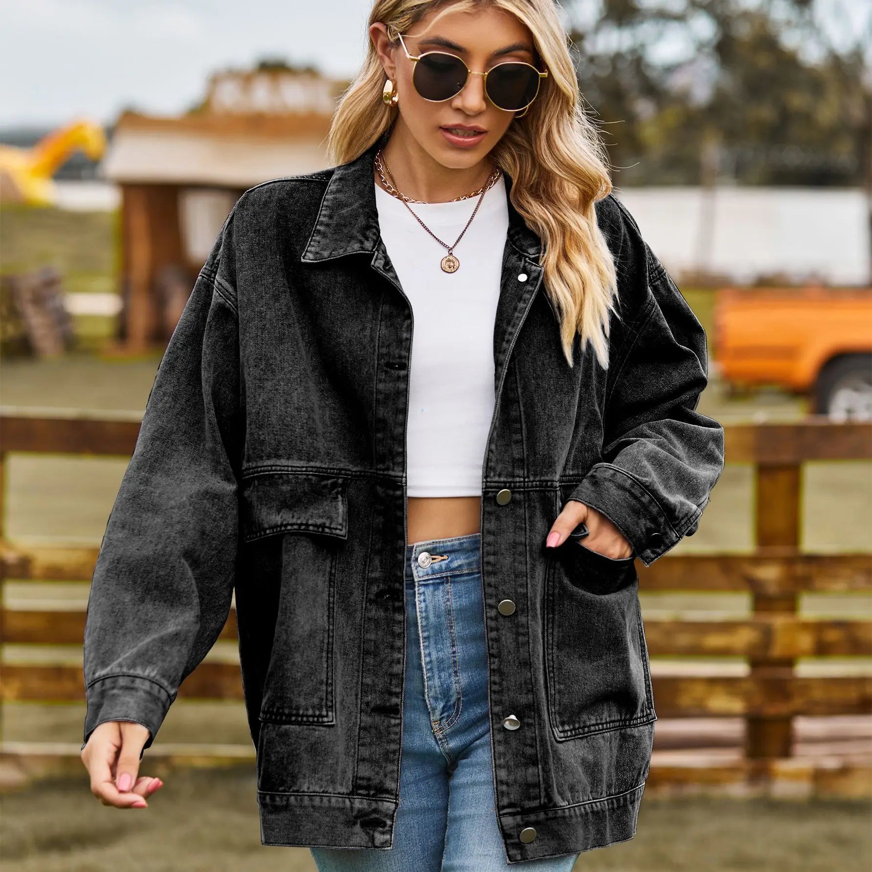 Women's Oversized Utility Jean Jacket – Relaxed Pocket Button Jacket