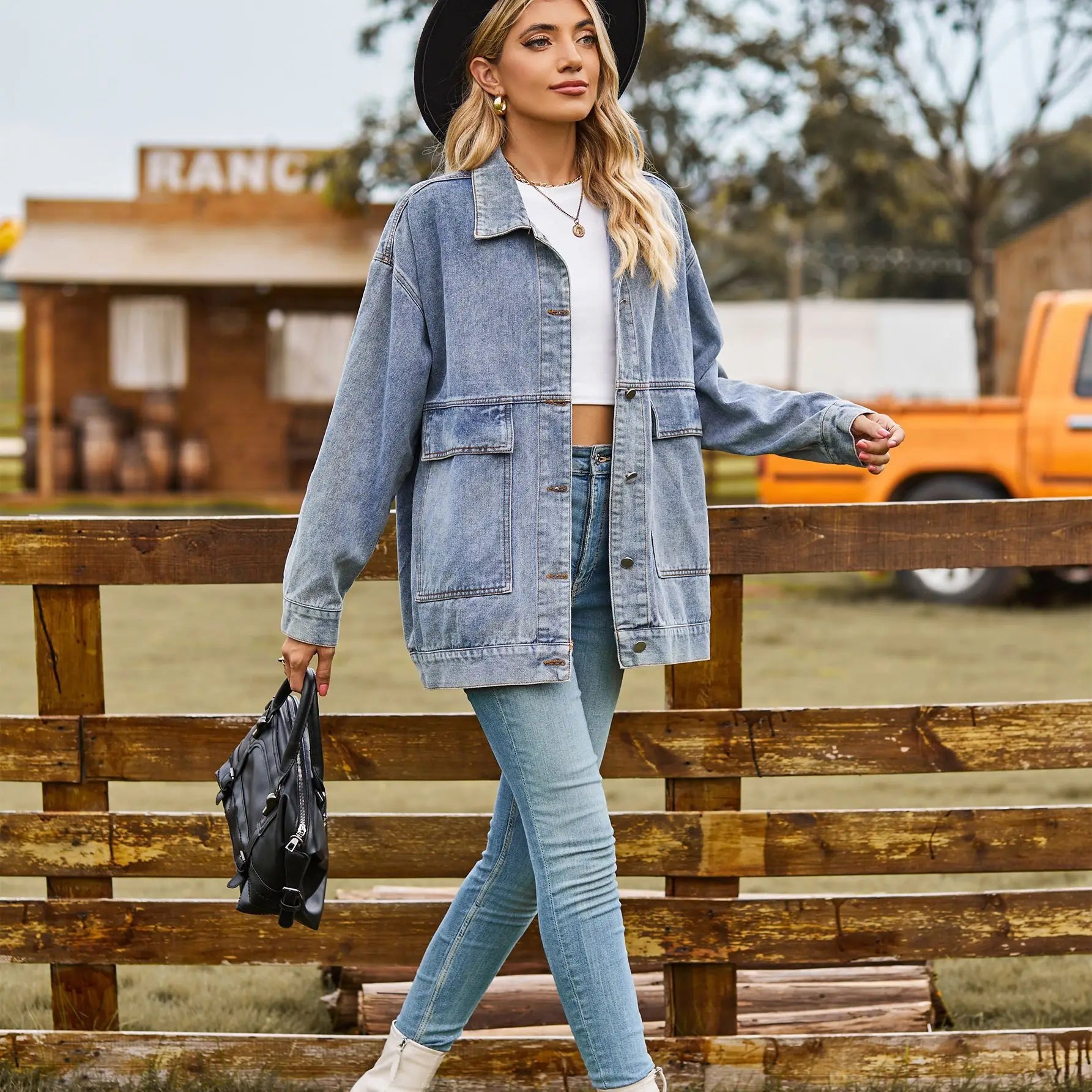 Women's Oversized Utility Jean Jacket – Relaxed Pocket Button Jacket