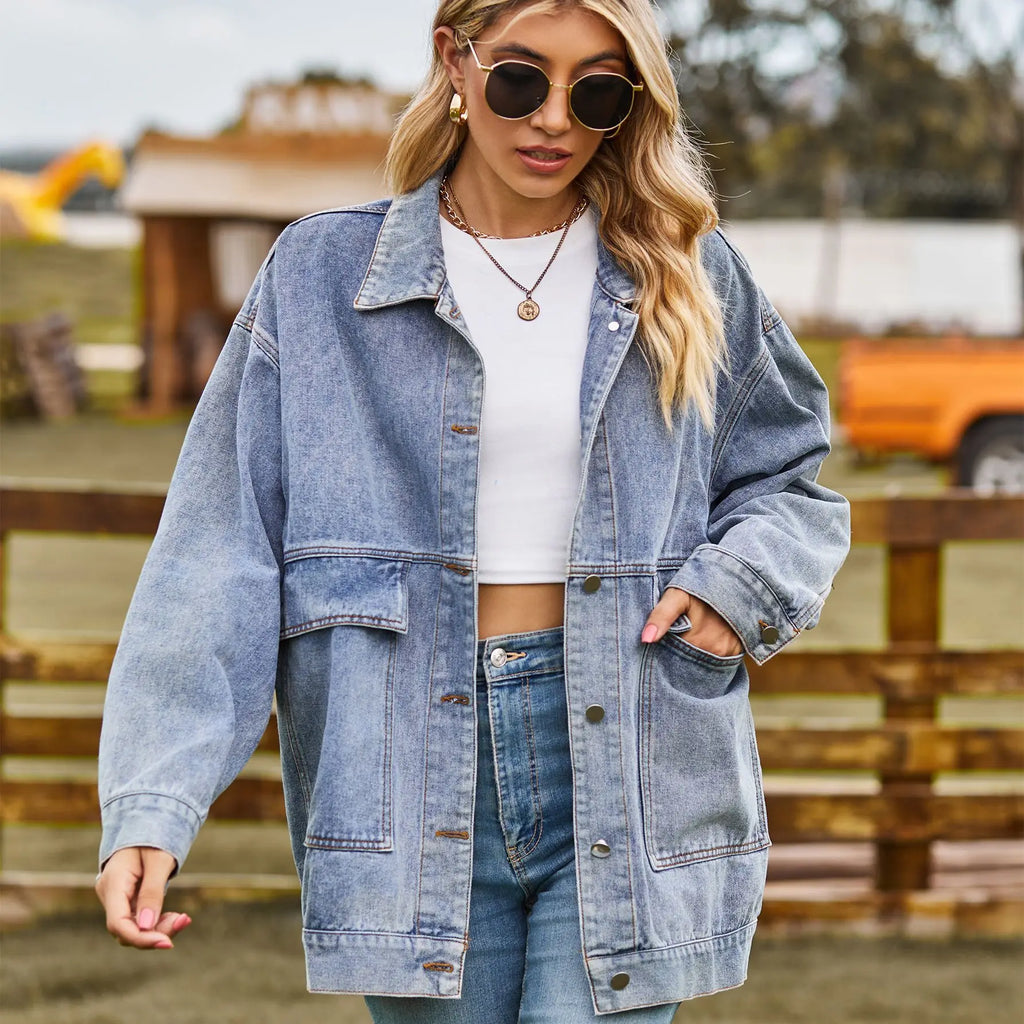 Women's Oversized Utility Jean Jacket – Relaxed Pocket Button Jacket