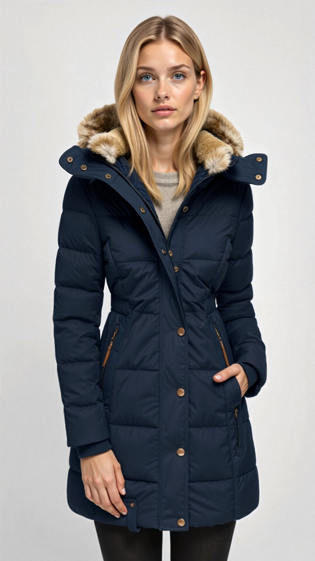 Women's Mid-Length Puffer Jacket – Hooded Quilted Winter Jacket