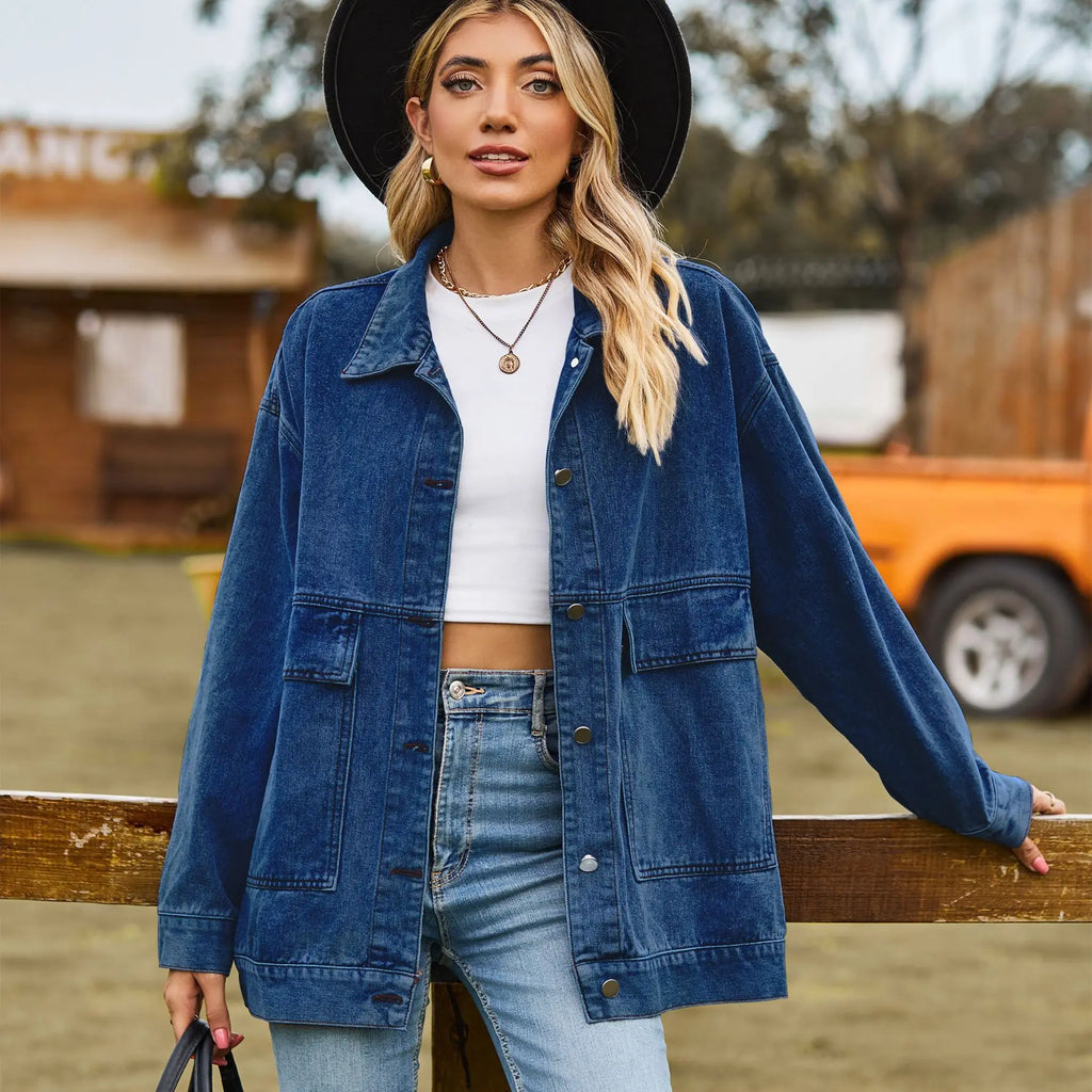 Women's Oversized Utility Jean Jacket – Relaxed Pocket Button Jacket