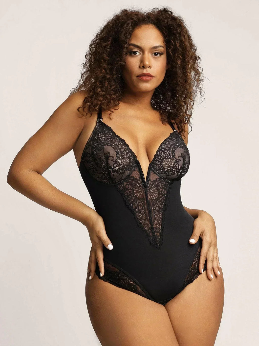 Women's Plunging Lace Bodysuit – Deep V-Neck Sheer Lingerie Bodysuit