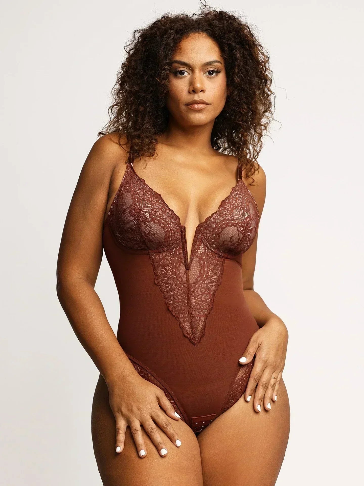 Women's Plunging Lace Bodysuit – Deep V-Neck Sheer Lingerie Bodysuit