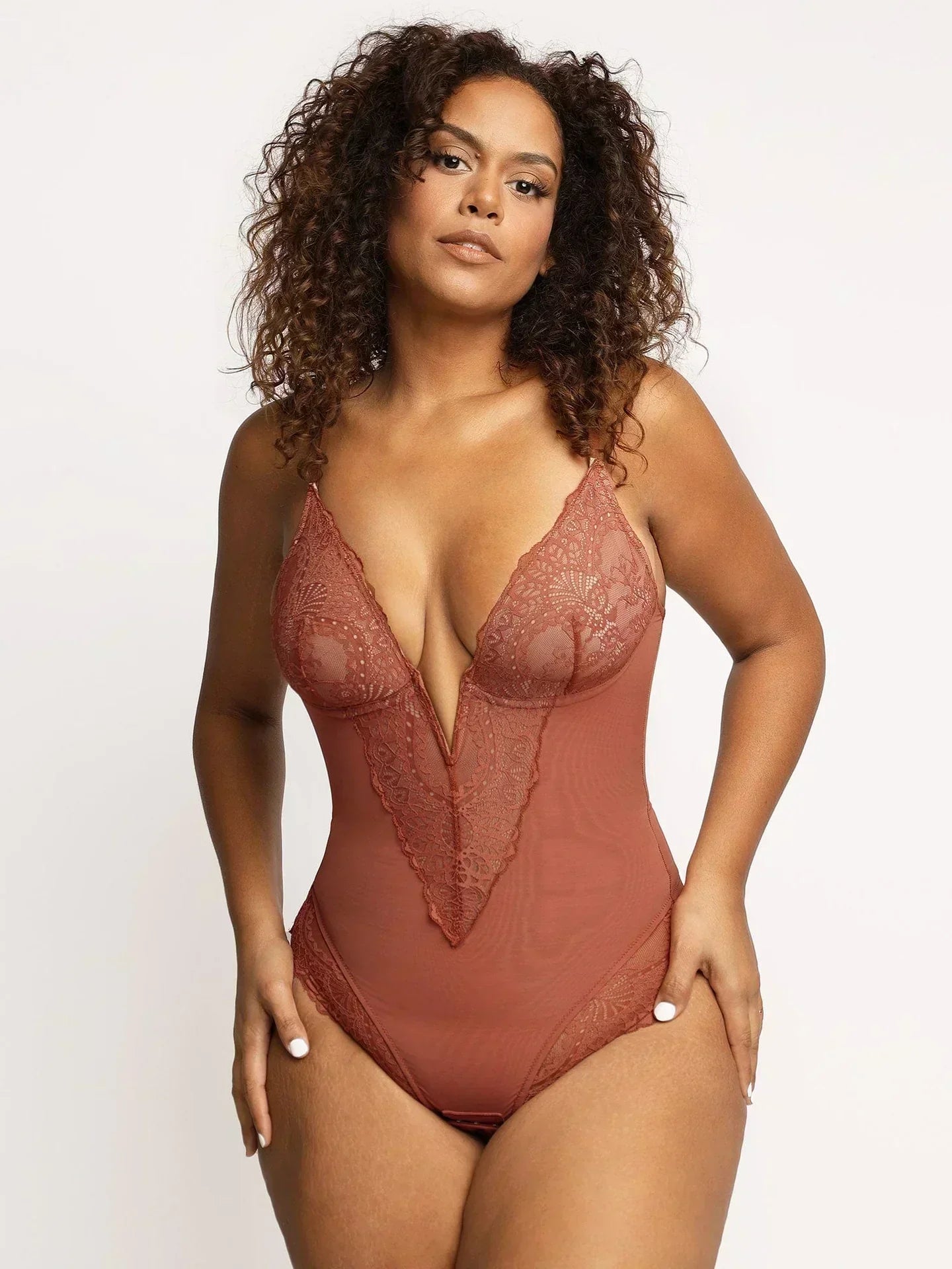 Women's Plunging Lace Bodysuit – Deep V-Neck Sheer Lingerie Bodysuit