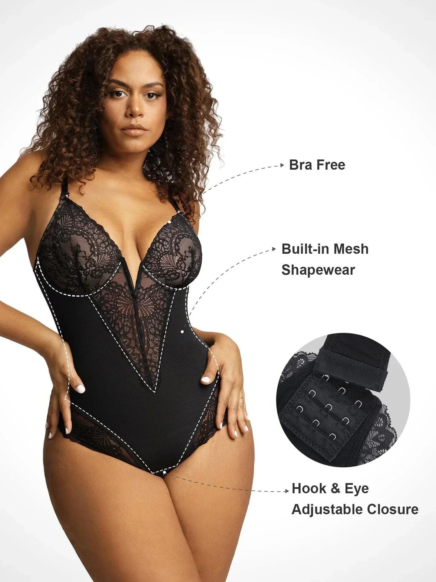 Women's Plunging Lace Bodysuit – Deep V-Neck Sheer Lingerie Bodysuit