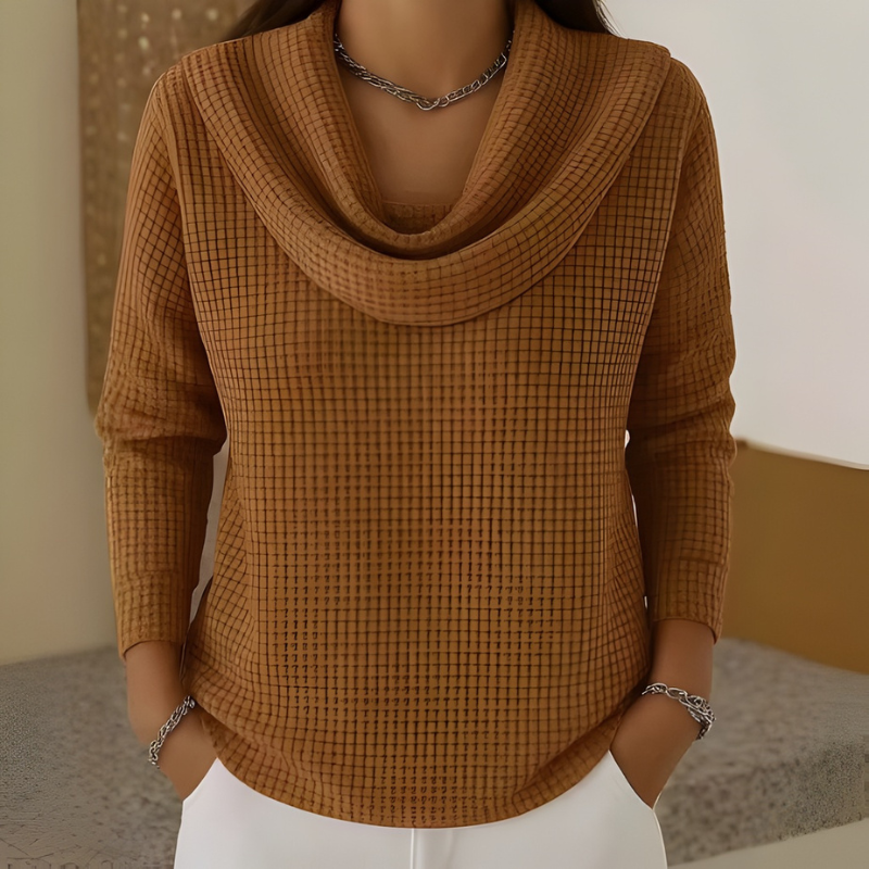 Women's Waterfall Neck Sweater – Waffle Texture Relaxed Knit Pullover