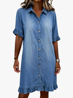 Women's Flounce Sleeve Shirt Dress – Button Front Knee-Length Dress