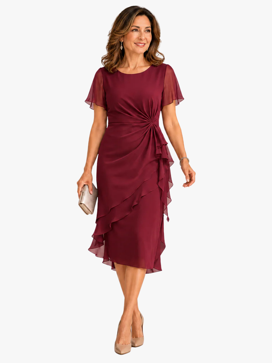 Women's Ruffle Cocktail Midi Dress – Cinched Waist Flutter Sleeve Dress