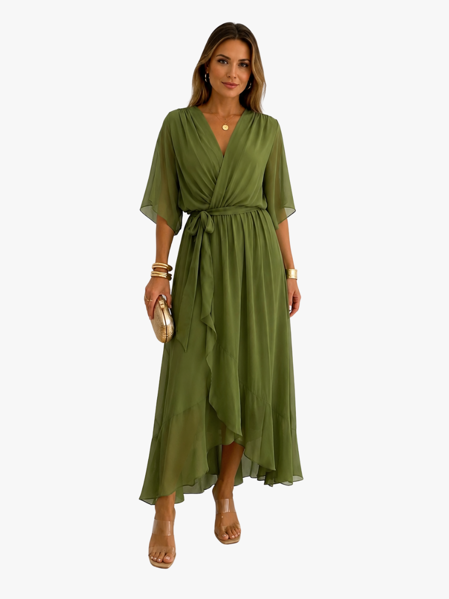 Women's V-Neck Wrap Dress – Tie Waist Flowy Occasion Dress
