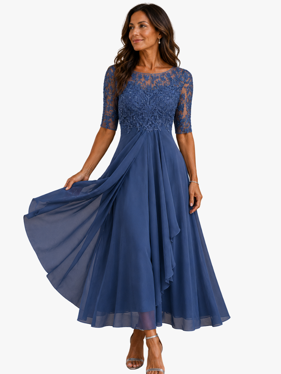 Women's Lace Bodice Wedding Guest Dress – Flowy Formal Evening Dress