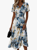 Women's Floral A-Line Midi Dress – V-Neck Gathered Waist Occasion Dress