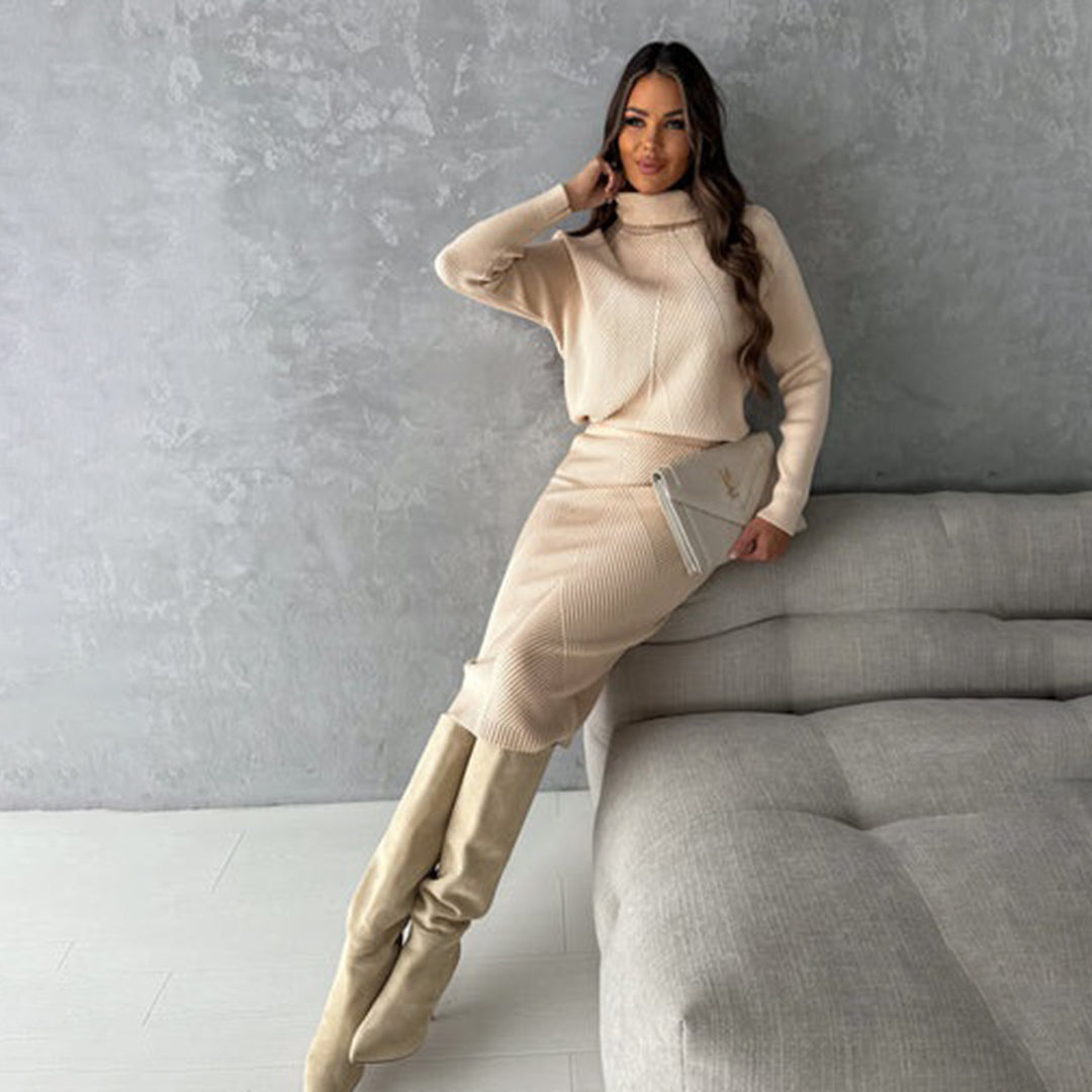 Women's Fitted Sweater & Midi Skirt Set – Long Sleeve Two-Piece Knit Set