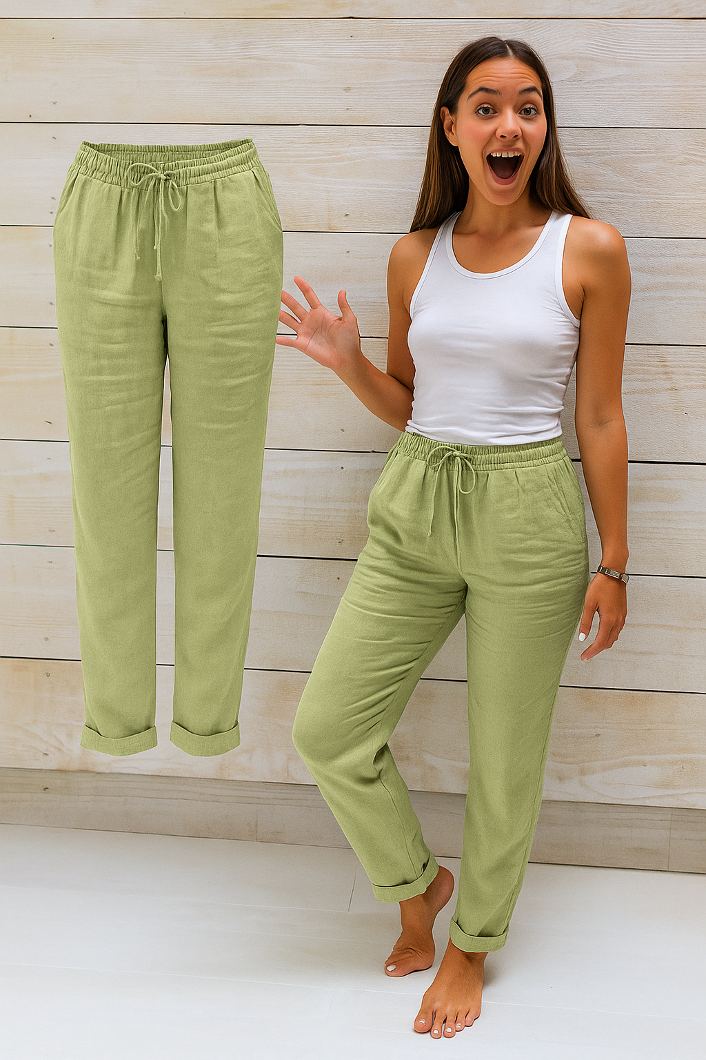 Women's Drawstring Straight Leg Pants – Elastic Waist Pocket Trousers