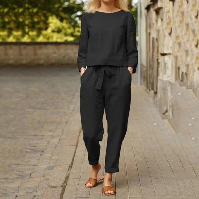 Women's Long Sleeve Wide Leg Pants Set – Relaxed Matching Two-Piece Set