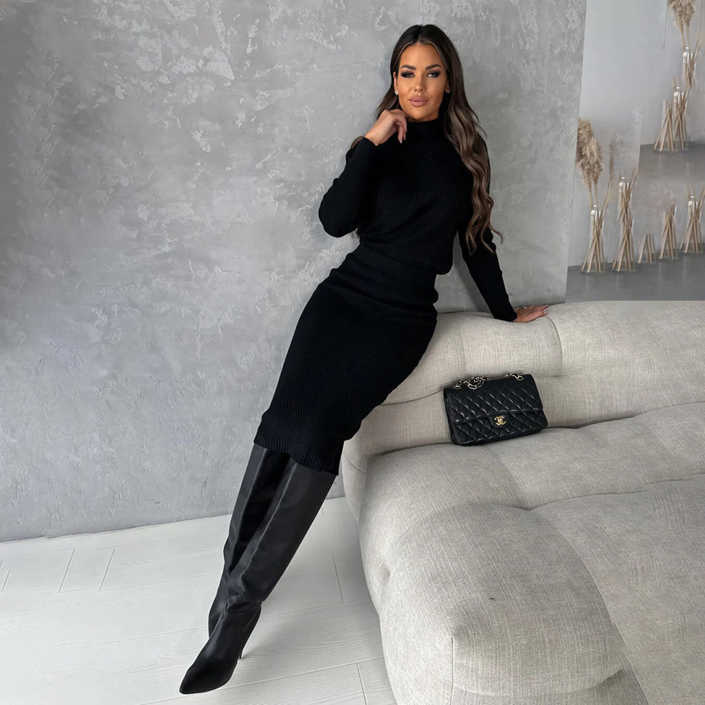 Women's Fitted Sweater & Midi Skirt Set – Long Sleeve Two-Piece Knit Set