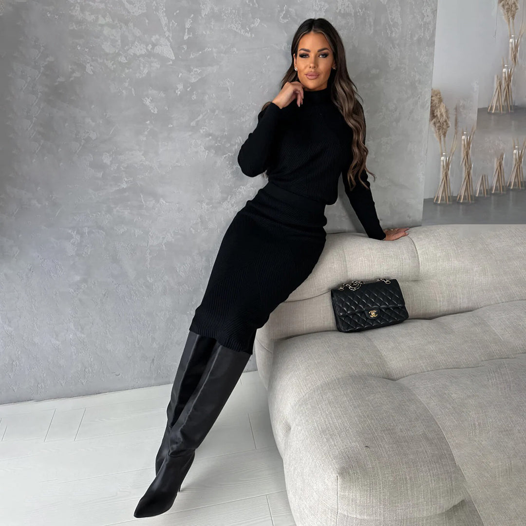 Women's Fitted Sweater & Midi Skirt Set – Long Sleeve Two-Piece Knit Set
