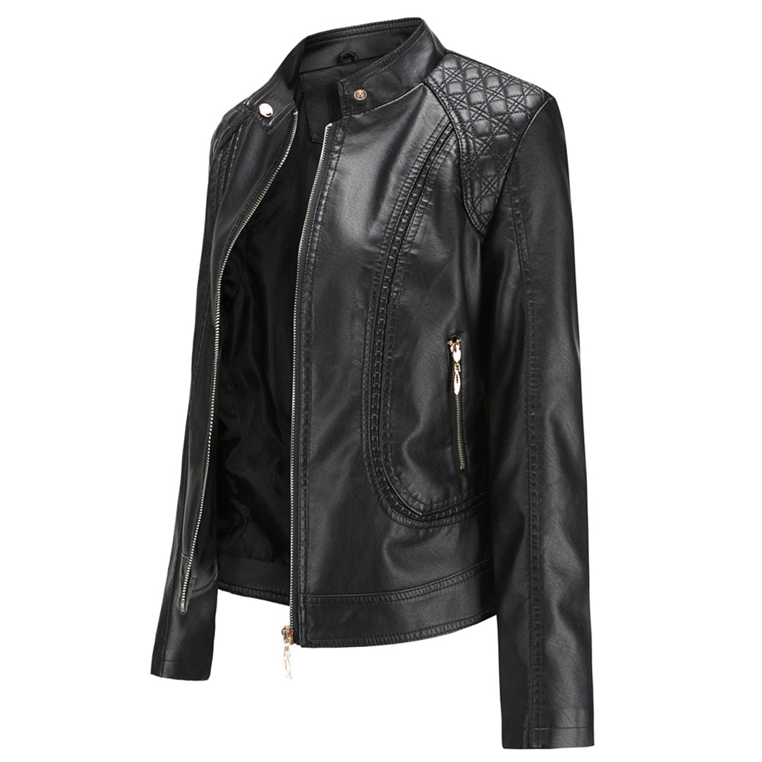 Women’s Chic Faux Leather Jacket – Stand Collar Zip-Up Style - Janiyah