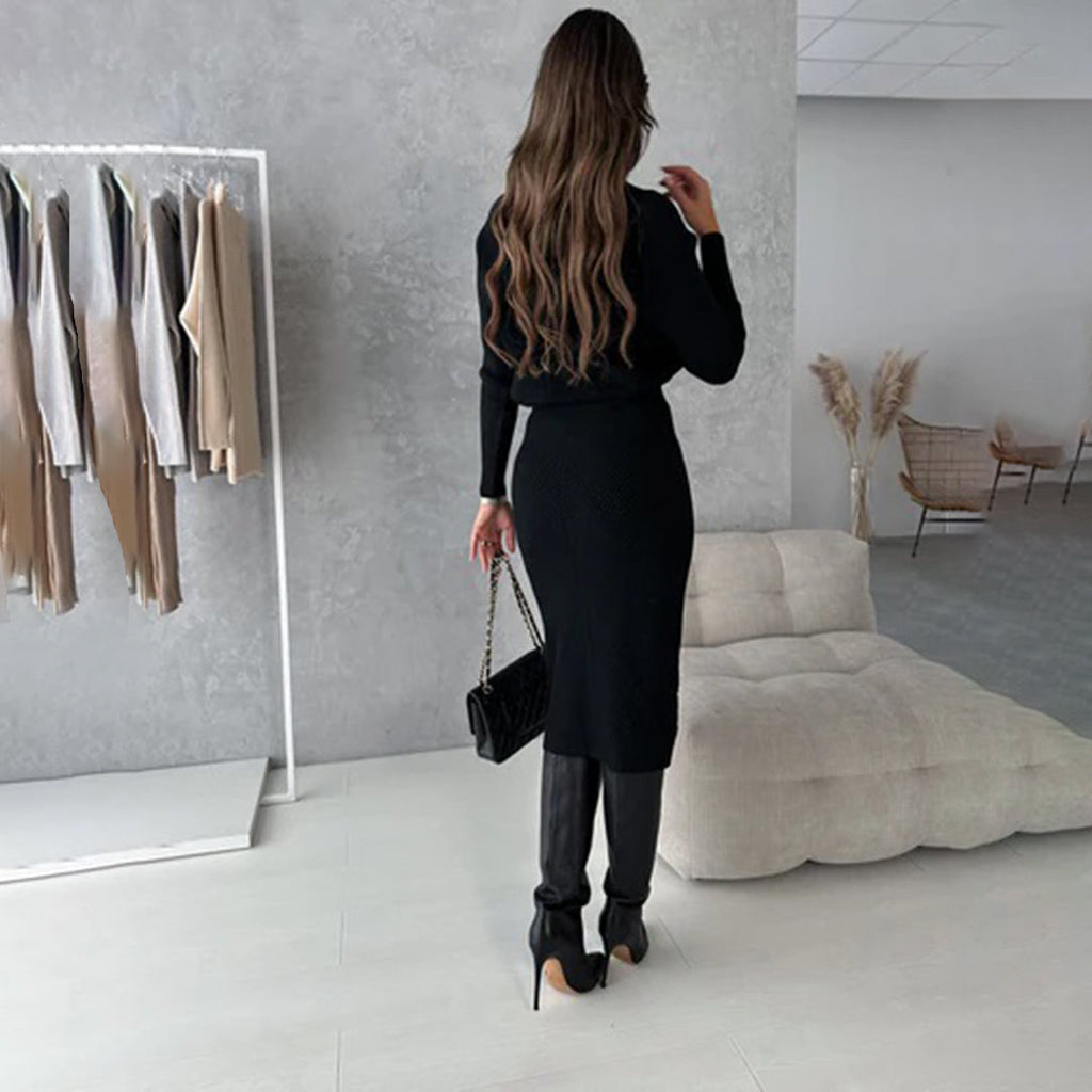 Women's Fitted Sweater & Midi Skirt Set – Long Sleeve Two-Piece Knit Set