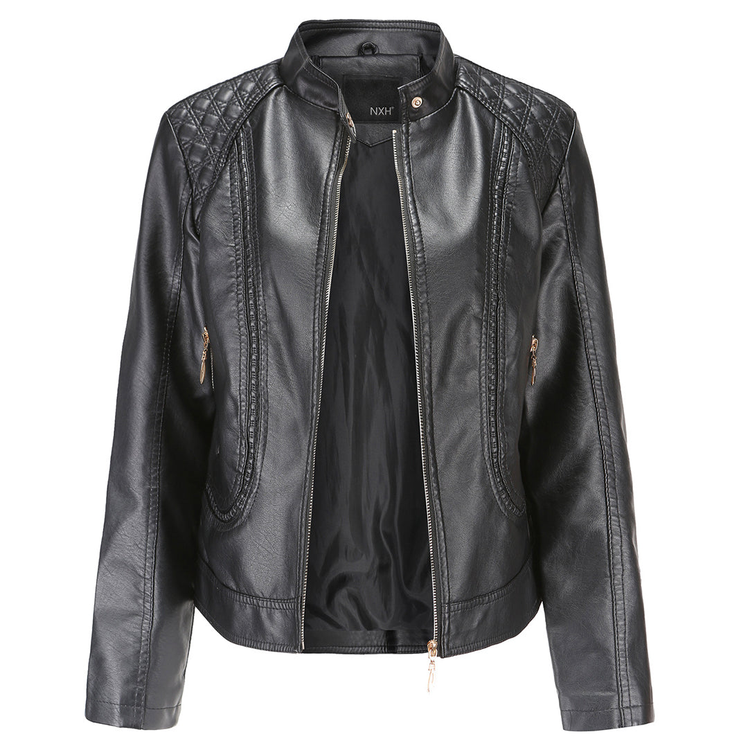 Women’s Chic Faux Leather Jacket – Stand Collar Zip-Up Style - Janiyah