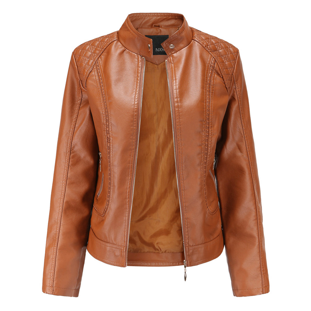 Women’s Chic Faux Leather Jacket – Stand Collar Zip-Up Style - Janiyah