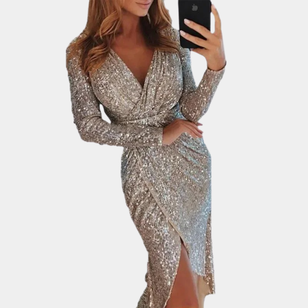 Women's Fitted Sequin Cocktail Dress – Side Slit Sparkle Party Dress