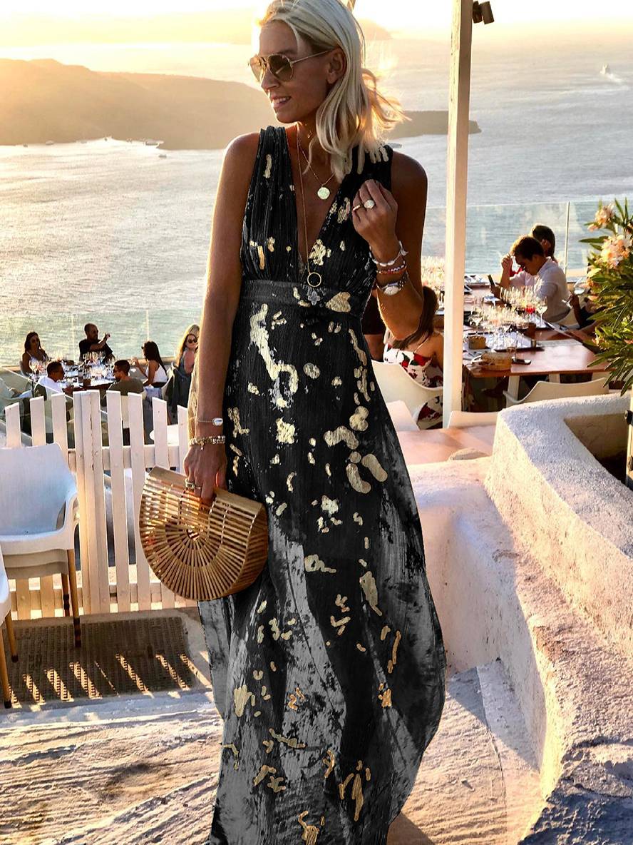 Women's Sequin Evening Dress – V-Neck Maxi Dress