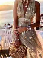 Women's Sequin Evening Dress – V-Neck Maxi Dress