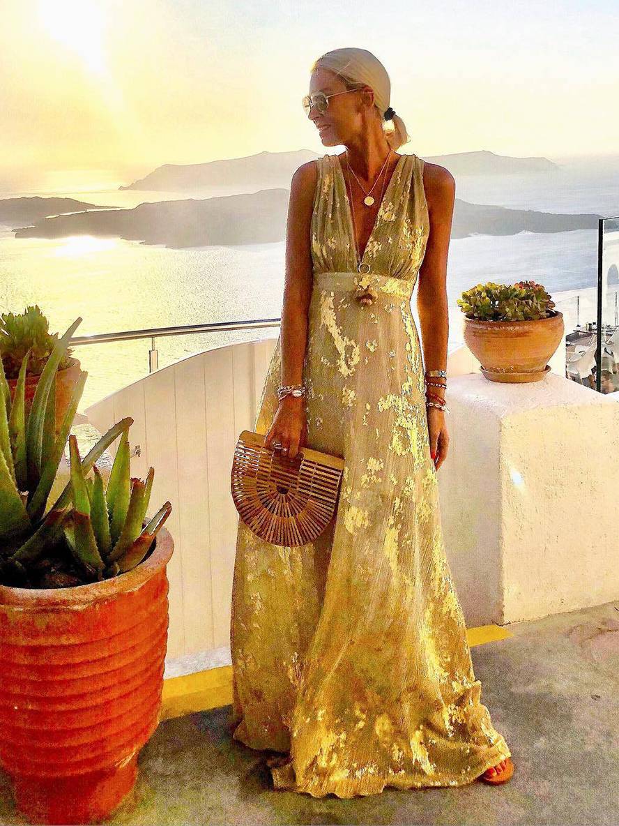 Women's Sequin Evening Dress – V-Neck Maxi Dress