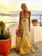 Women's Sequin Evening Dress – V-Neck Maxi Dress