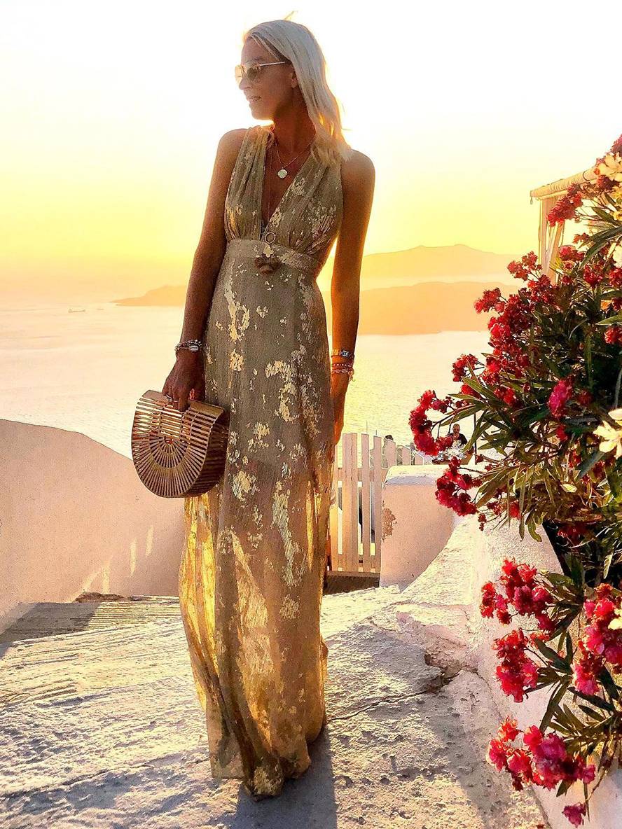 Women's Sequin Evening Dress – V-Neck Maxi Dress