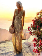Women's Sequin Evening Dress – V-Neck Maxi Dress