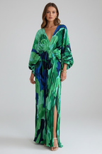 Women's Pleated Maxi Dress – V-Neck Occasion Dress
