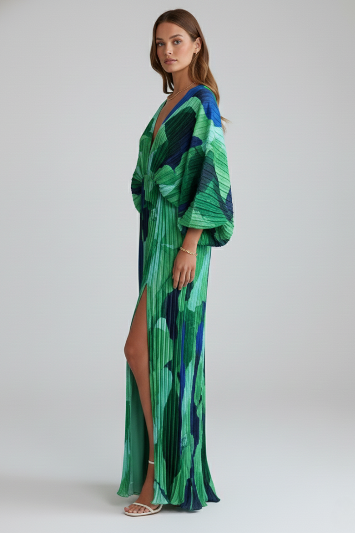 Women's Pleated Maxi Dress – V-Neck Occasion Dress