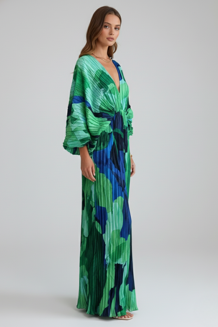Women's Pleated Maxi Dress – V-Neck Occasion Dress