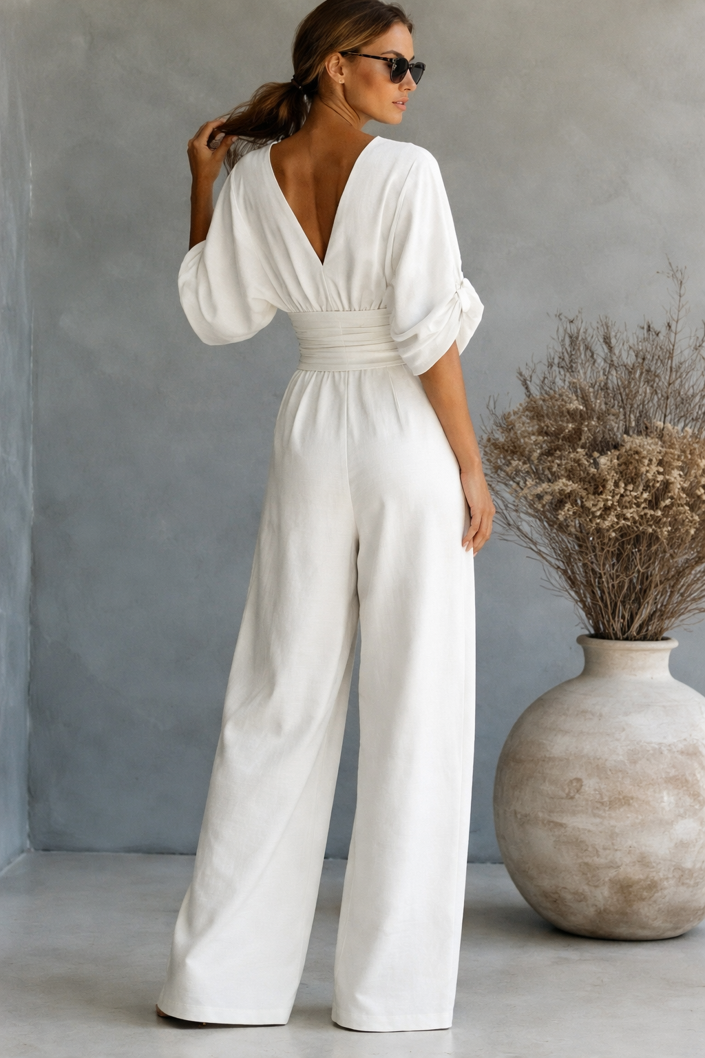 Women's Kimono Sleeve Wrap Jumpsuit – V-Neck Wide Leg Summer Jumpsuit