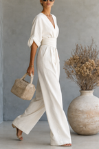 Women's Kimono Sleeve Wrap Jumpsuit – V-Neck Wide Leg Summer Jumpsuit