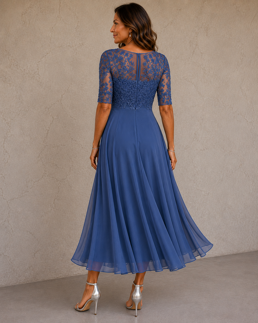 Women's Lace Bodice Wedding Guest Dress – Flowy Formal Evening Dress