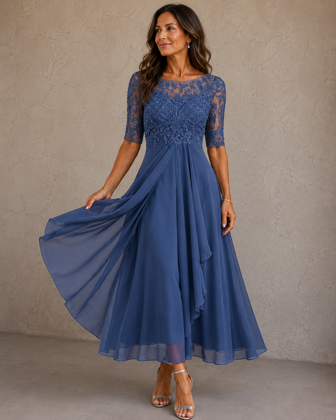 Women's Lace Bodice Wedding Guest Dress – Flowy Formal Evening Dress