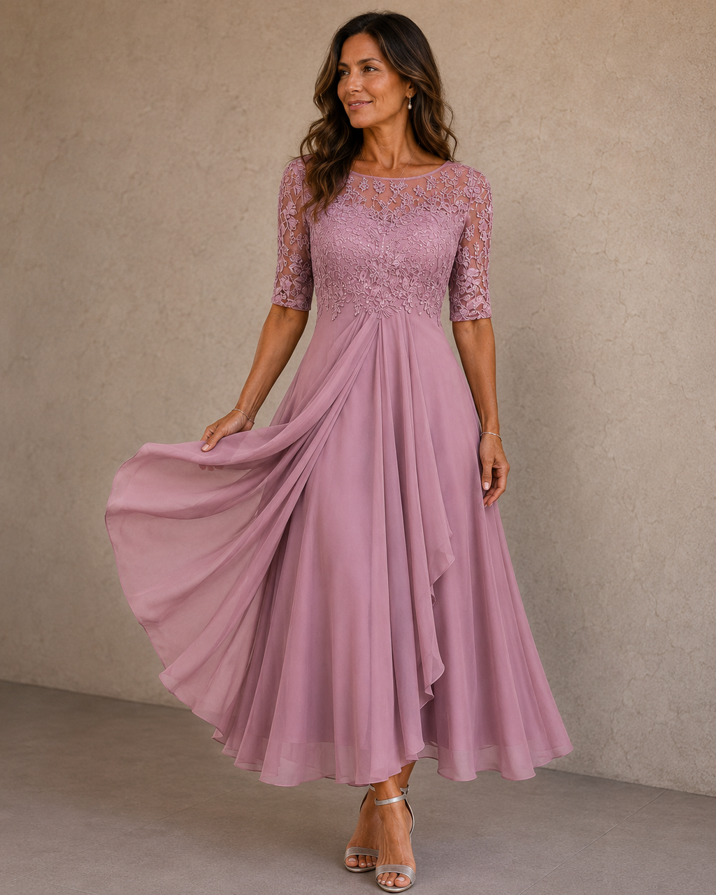 Women's Lace Bodice Wedding Guest Dress – Flowy Formal Evening Dress
