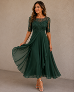 Women's Lace Bodice Wedding Guest Dress – Flowy Formal Evening Dress