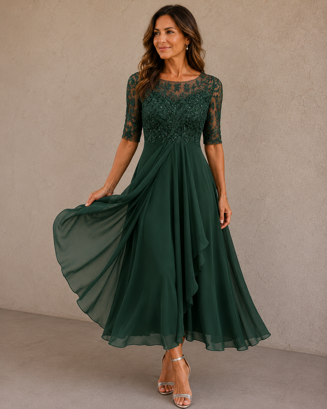 Women's Lace Bodice Wedding Guest Dress – Flowy Formal Evening Dress