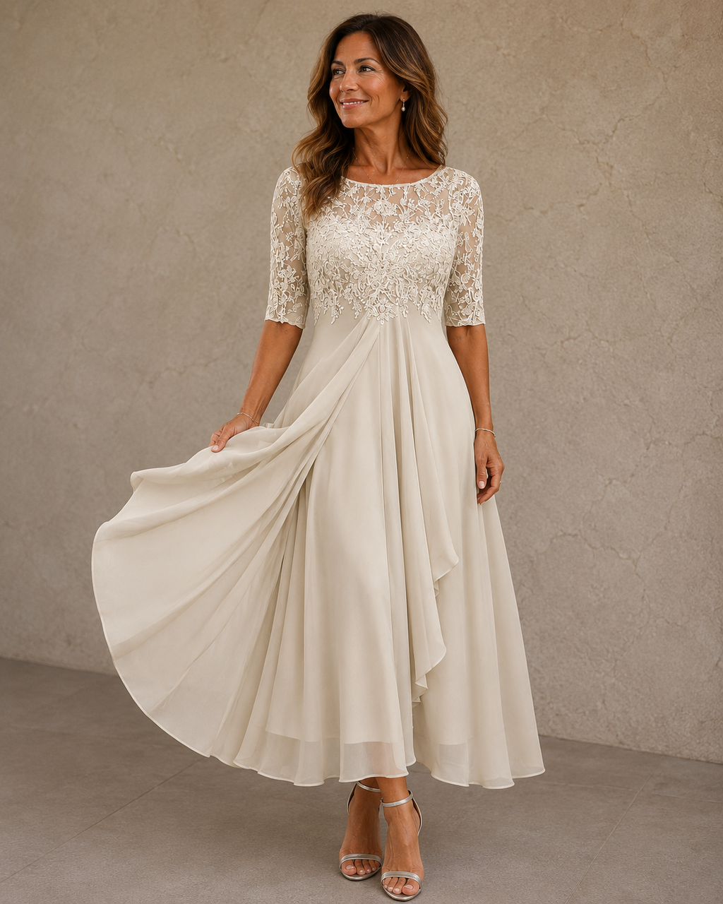 Women's Lace Bodice Wedding Guest Dress – Flowy Formal Evening Dress