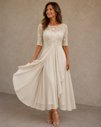 Women's Lace Bodice Wedding Guest Dress – Flowy Formal Evening Dress