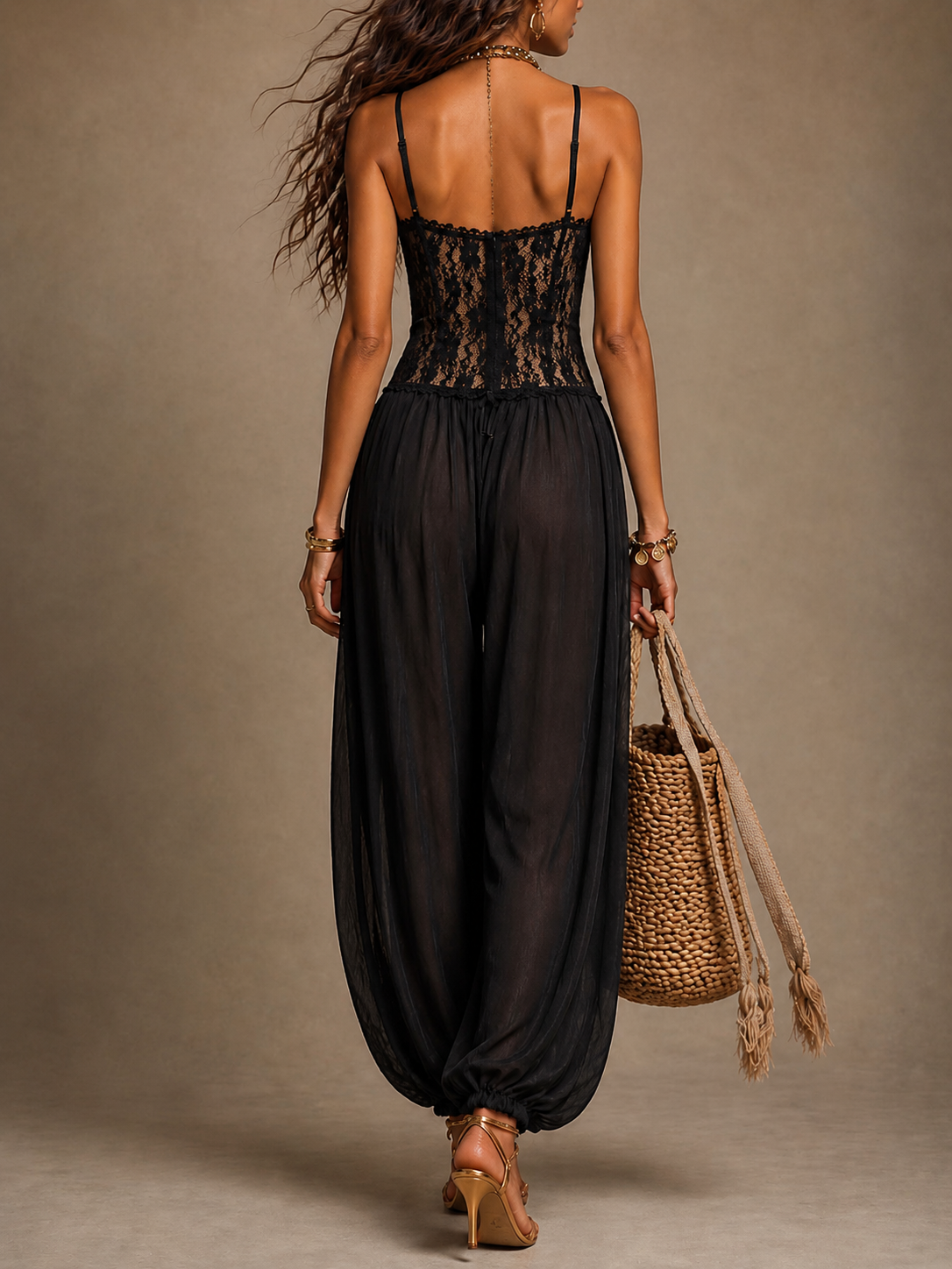 Women's Lace Halter Jumpsuit – Lace Bodice Wide Leg Formal Jumpsuit