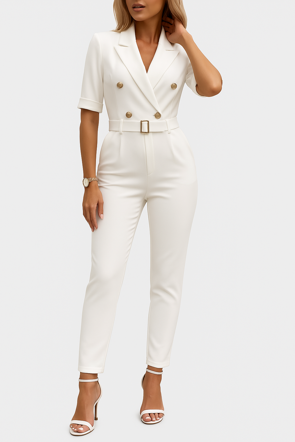 Women's Belted Wide Leg Jumpsuit – Deep V-Neck Lapel Jumpsuit